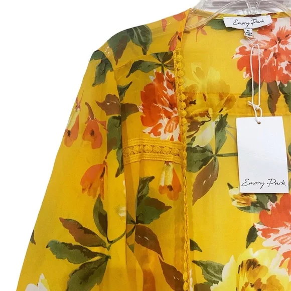 EMORY PARK Stitch Fix Landry Crochet Trim Open Kimono Yellow Floral Size Med New - Picture 4 of 8